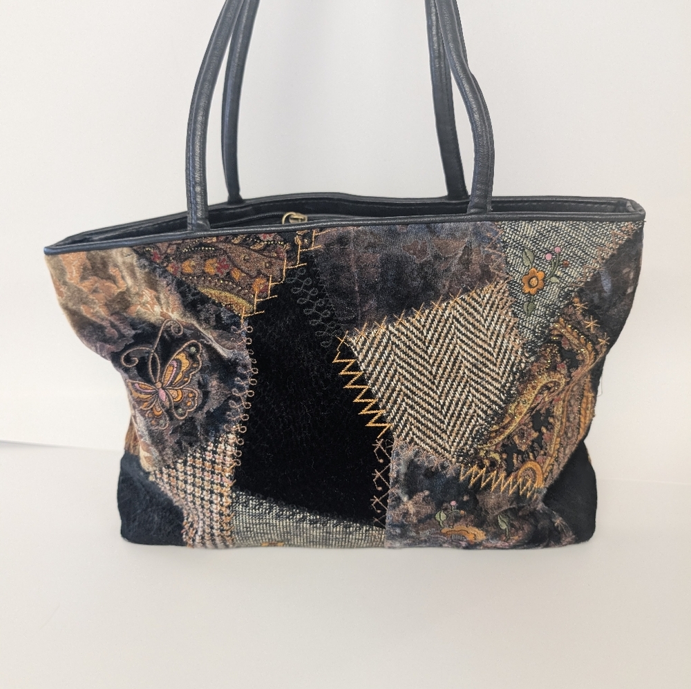 Vintage Bag Bohemian- Black and Brown Fabric  Mismatch Pattern Leather Handle